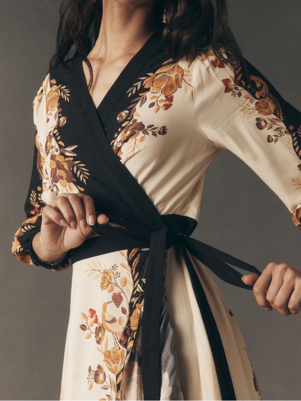 New FARM Rio Long Sleeve Floral Wrap Midi Dress - Picture 4 of 4
